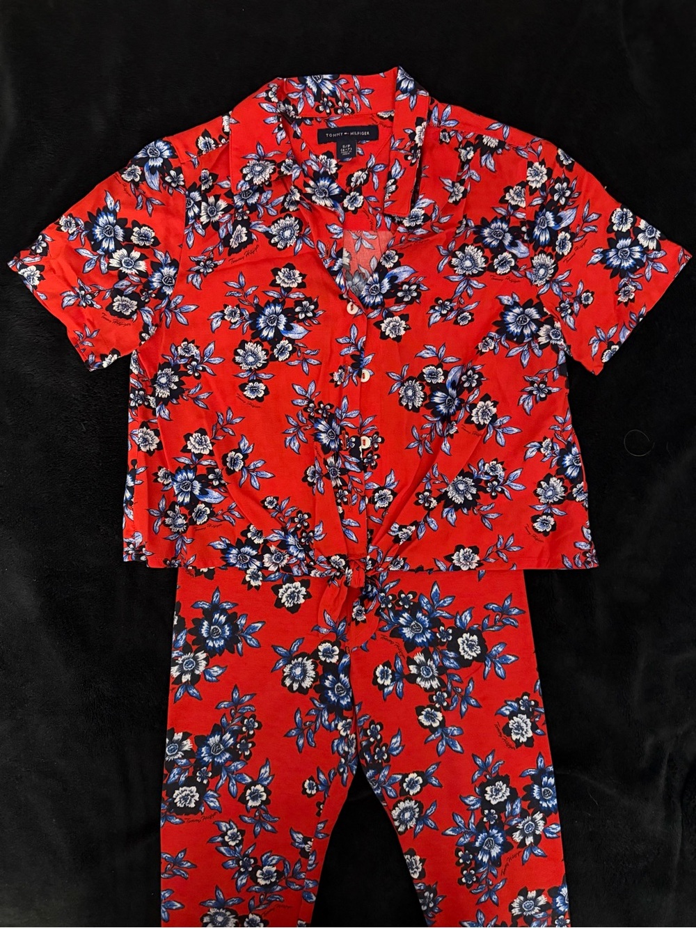 Tommy Hilfiger Red Floral Button-Front Shirt and leggings.